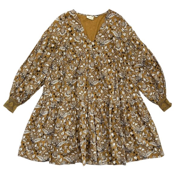 Let Me Be Jemma Floral Babydoll Tiered Mini Tunic Dress Brown 2 Cottagecore Boho - Picture 1 of 11